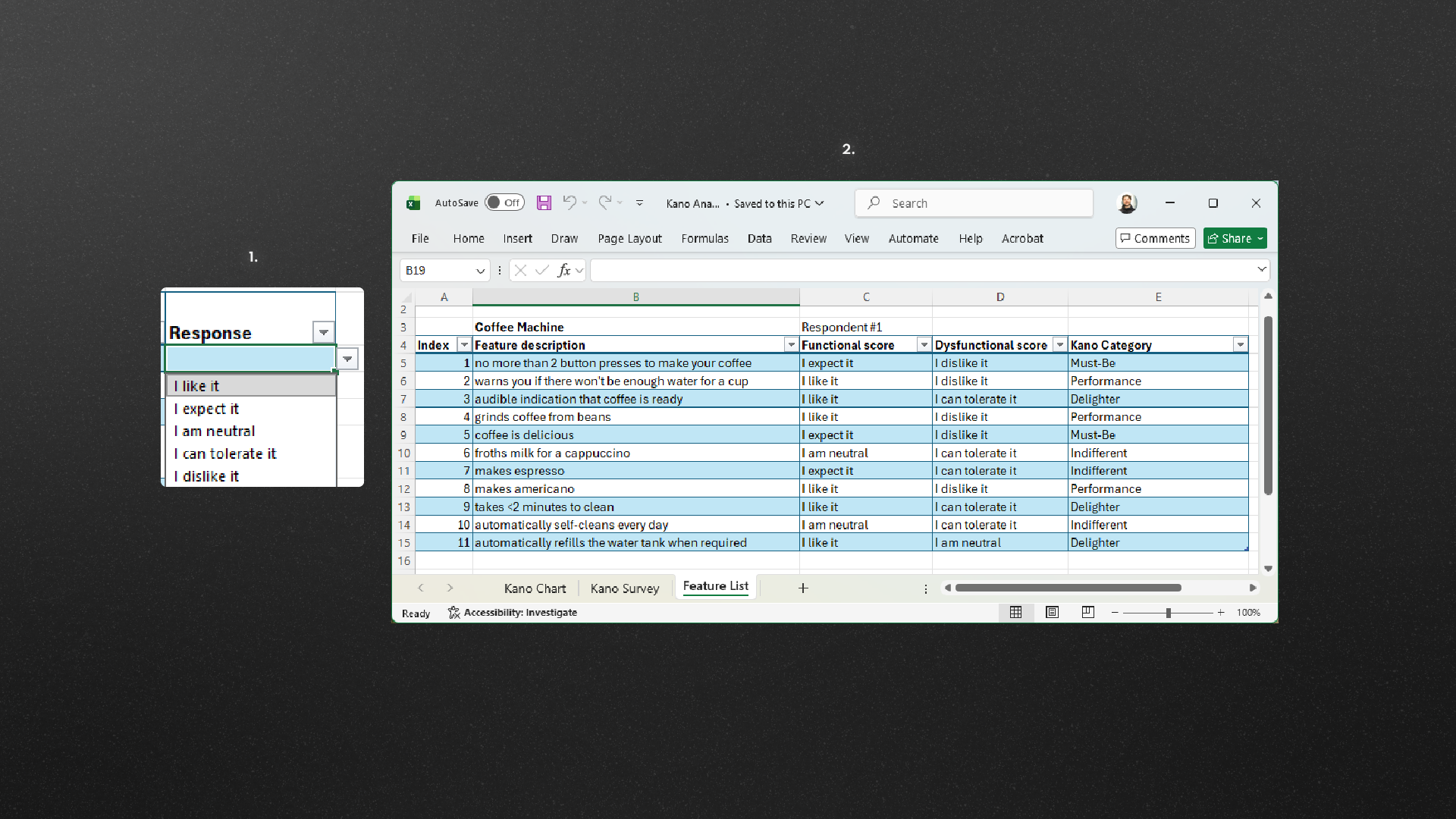 product feature prioritisation - completed kano analysis survey in excel